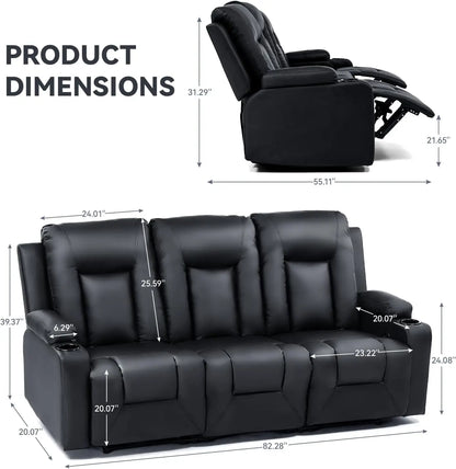 Living Room Furniture Set,Bonded Leather Loveseat Sofa with Cup Holder Recliner Chair,3+2,Black