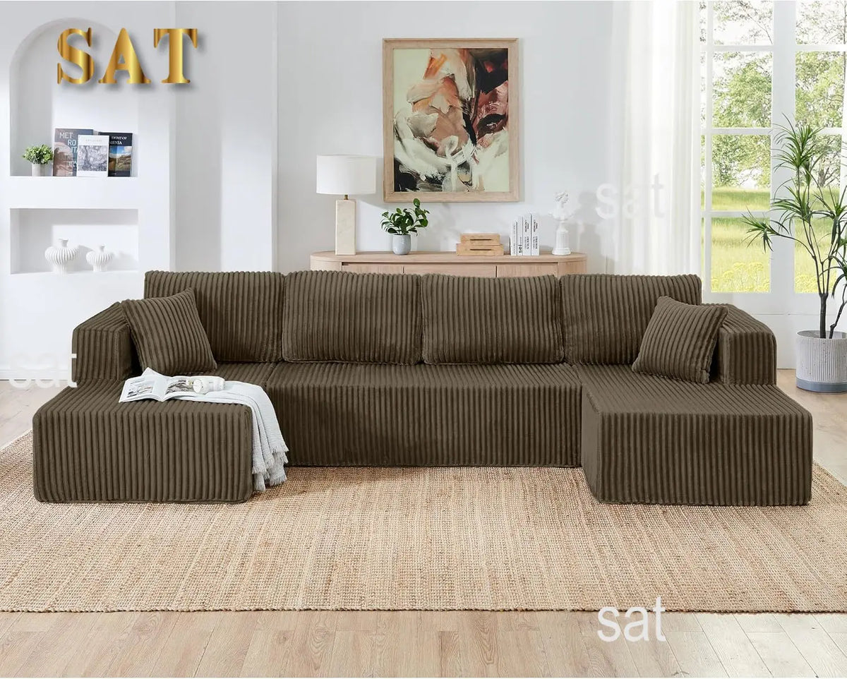 Comfy Boneless Sectionals For Living Room, Plush Corduroy Couch With Comfy Chaise Lounge, U Shaped Sectionals Foam Couches