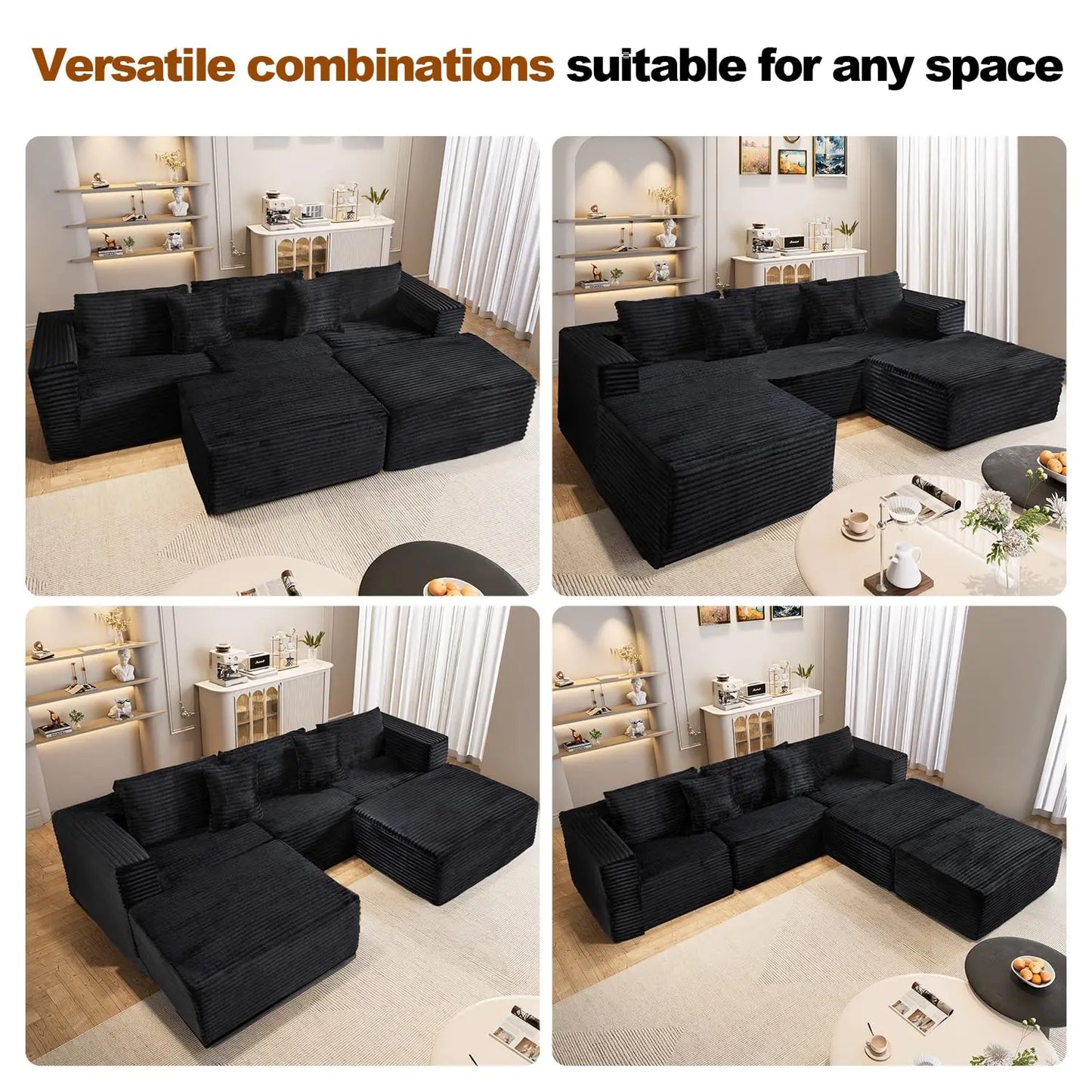 110" Modular Sectional Couch with 2 Movable Ottoman,3-Seater Boneless Cloud Sofa Couches for Living Room, U Shaped Comfy Sofa,Lu