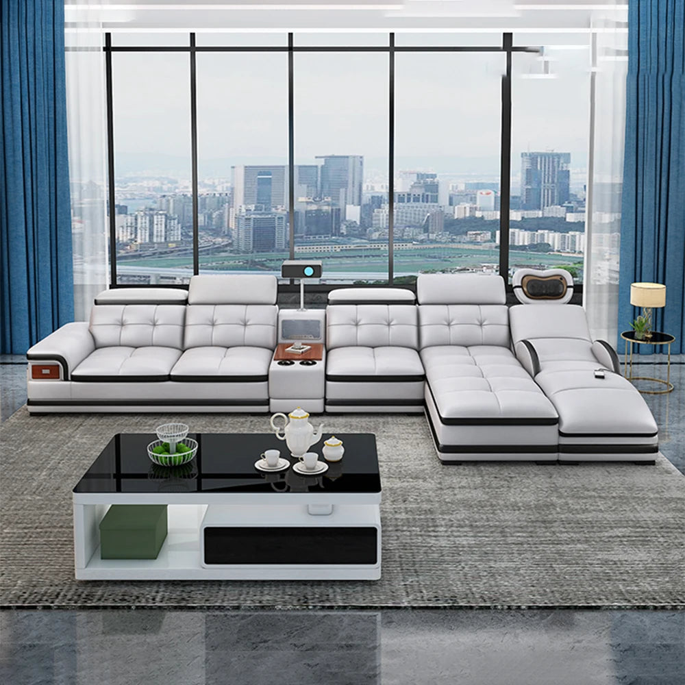 Linlamlim Luxury Genuine Leather Sectional Sofa with Adjustable Headrests, Projector, Speaker and Storage for Living Room Couch