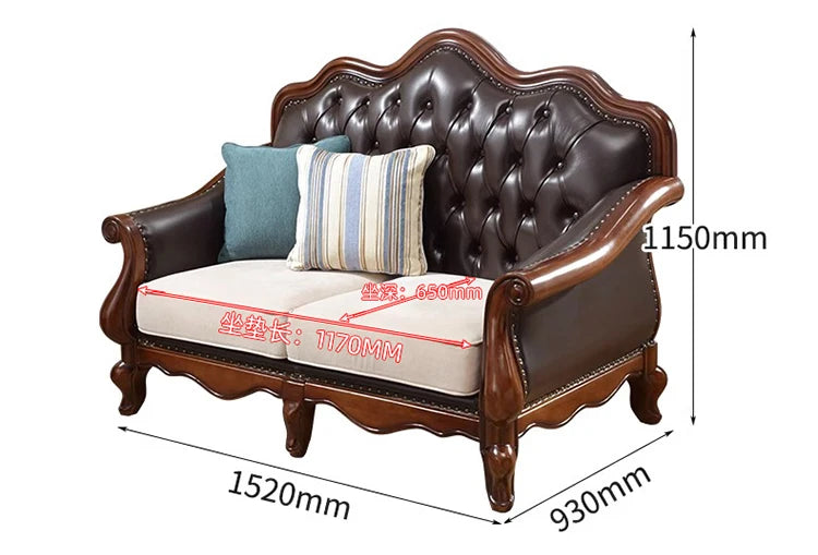 4*American all-solid wood leather sofa European double triple retro modern simple