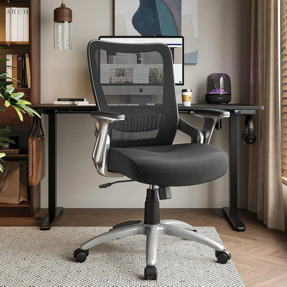 Ergonomic Office Chair with Adjustable Lumbar Support, Flip-up Arms, Tilt Function, Wide Mesh Seat