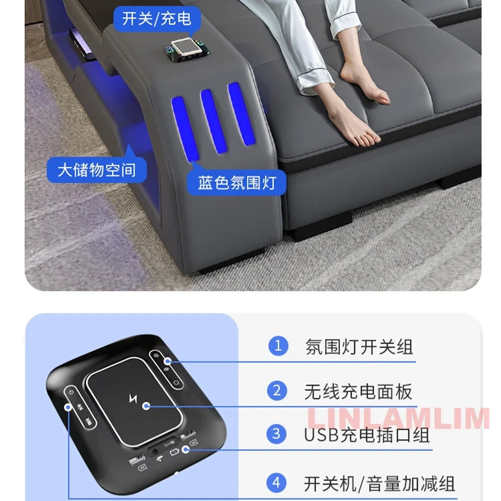 Modern Sectional Sofa Bed with LED Light, Electric Recliner and Massage | Living Room Genuine Leather Couch with Cup Holder, USB