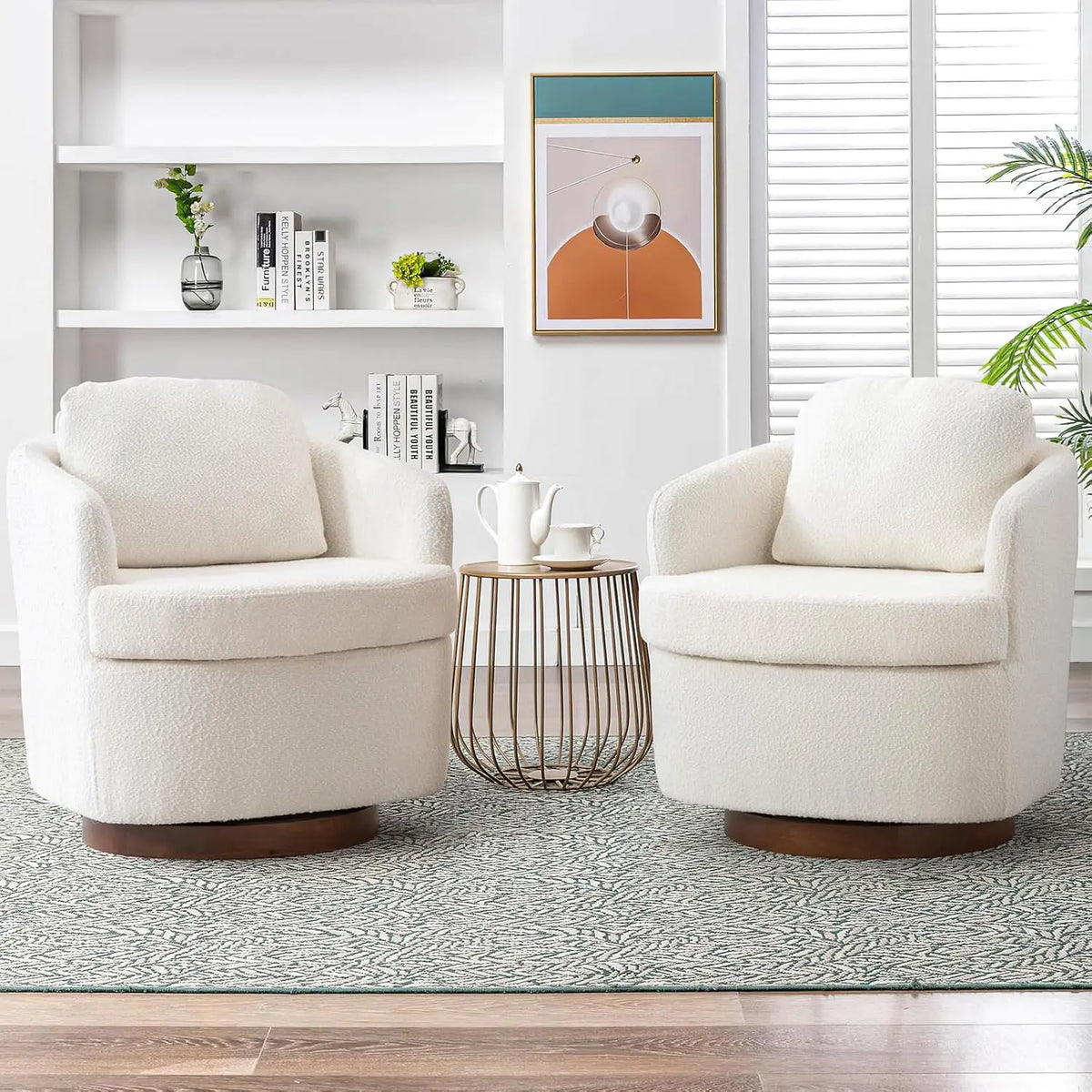 Hot Sales Hot Sales Modern Oversized Swivel Chair Boucle Sherpa Upholstered Barrel Armchair Wood Base White Accent Chair For Liv