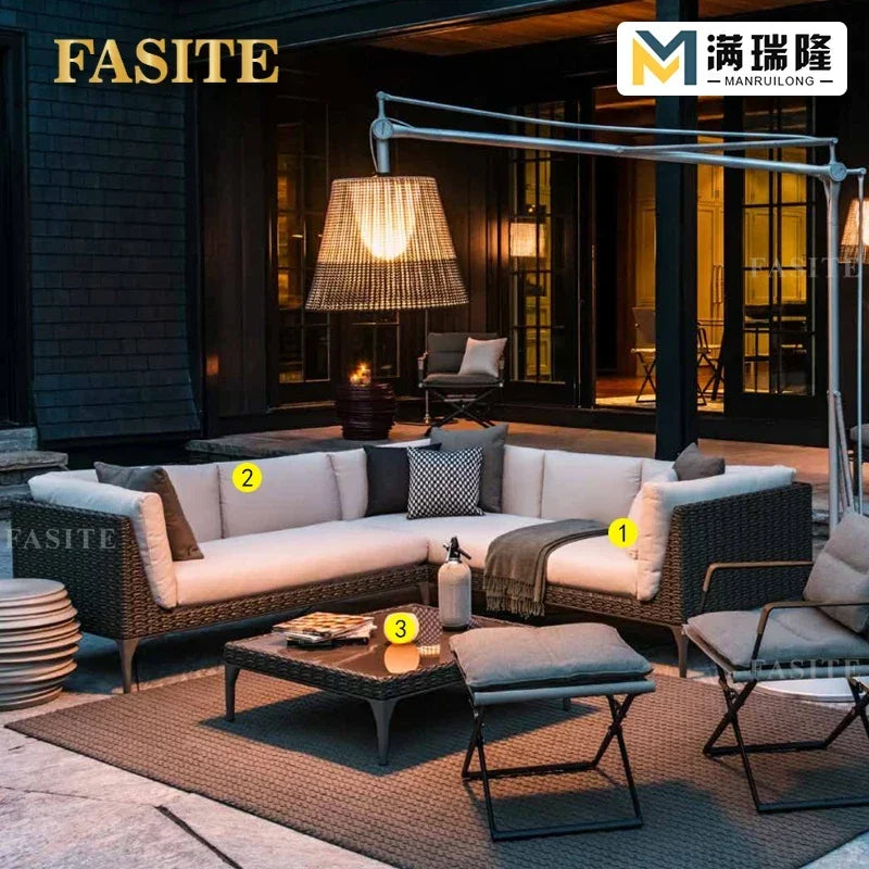 Rattan Sofa Nordic Villa Area Courtyard Outdoor Sofa Furniture Model Room Outdoor Soft Decoration Bed Recliner Waterproof