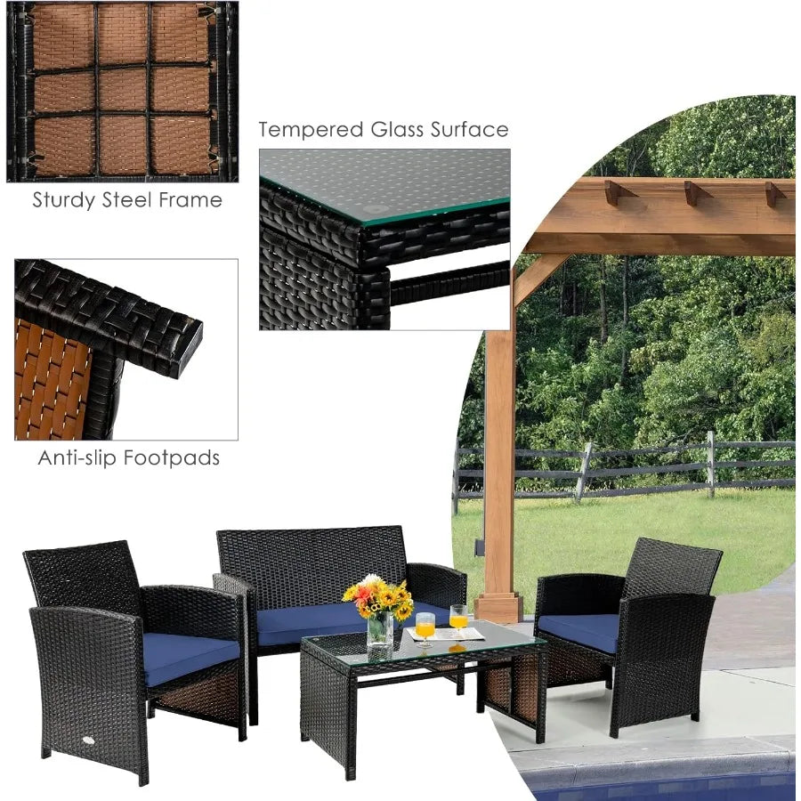 4 Piece Patio Furniture Set Outdoor PE Rattan Wicker Sectional Sofa with Cushion and Coffee Table Patio Conversation Se
