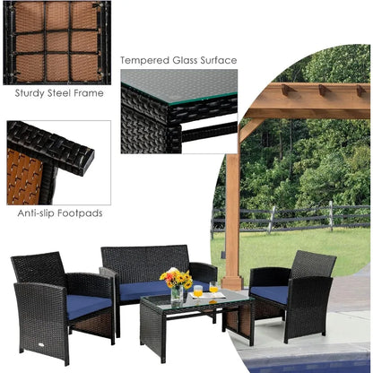 4 Piece Patio Furniture Set Outdoor PE Rattan Wicker Sectional Sofa with Cushion and Coffee Table Patio Conversation Se