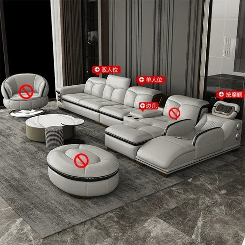 Smart Leather Sofa Massage for Left and Right Noblewomen, Cowhide Solid Wood Living Room Corner Small Unit