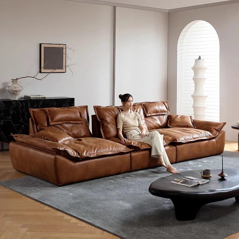 Sailing sofa retro oil wax leather super wide sitting depth adjustable backrest antique living room straight row sofa