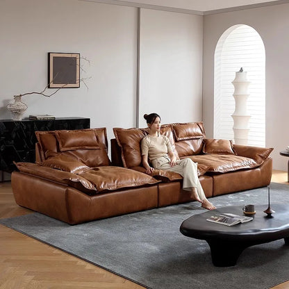 Sailing sofa retro oil wax leather super wide sitting depth adjustable backrest antique living room straight row sofa