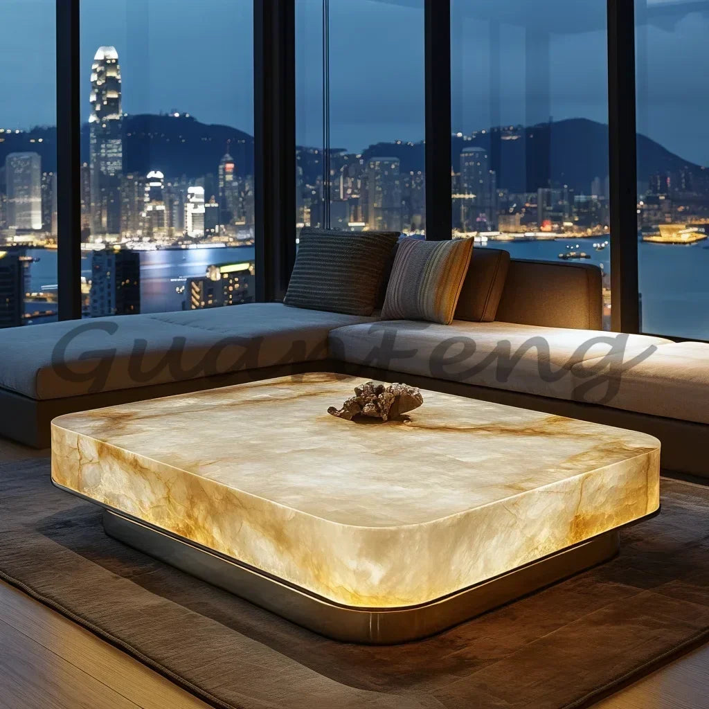 Jade square luminous coffee table premium villa living room modern minimalist marble Venice light luxury stone