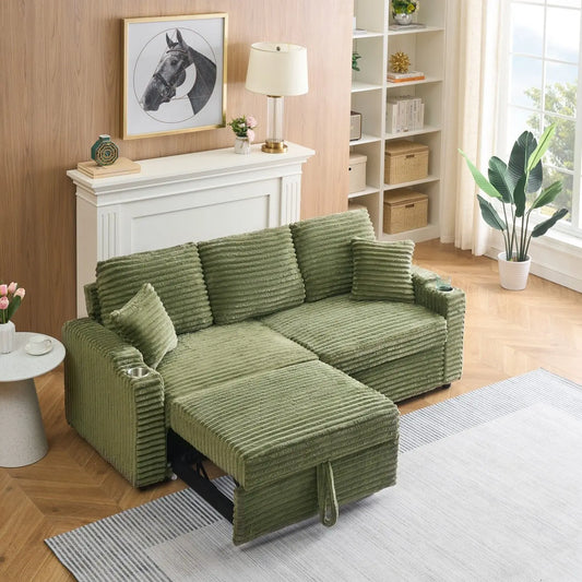 80-Inch Two-in-One Folding Chaise Lounge Corduroy Fabric Hidden Lying Function Cup Holder Pillow Easy-to-Adapt Green for Living