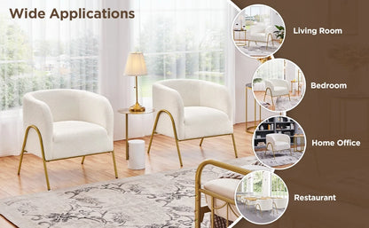 Set of 2, Armchair Set, Side Chairs for Living Room, Boucle Fabric Vanity Chairs with Gold Legs for Bedroom Office Readig Nook