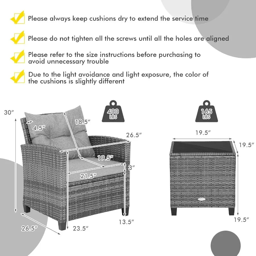 3Piece Outdoor Patio Furniture Set with Wicker Rattan Sofa and Cushions Tempered Glass Coffee Table Ideal for Poolside Backyard
