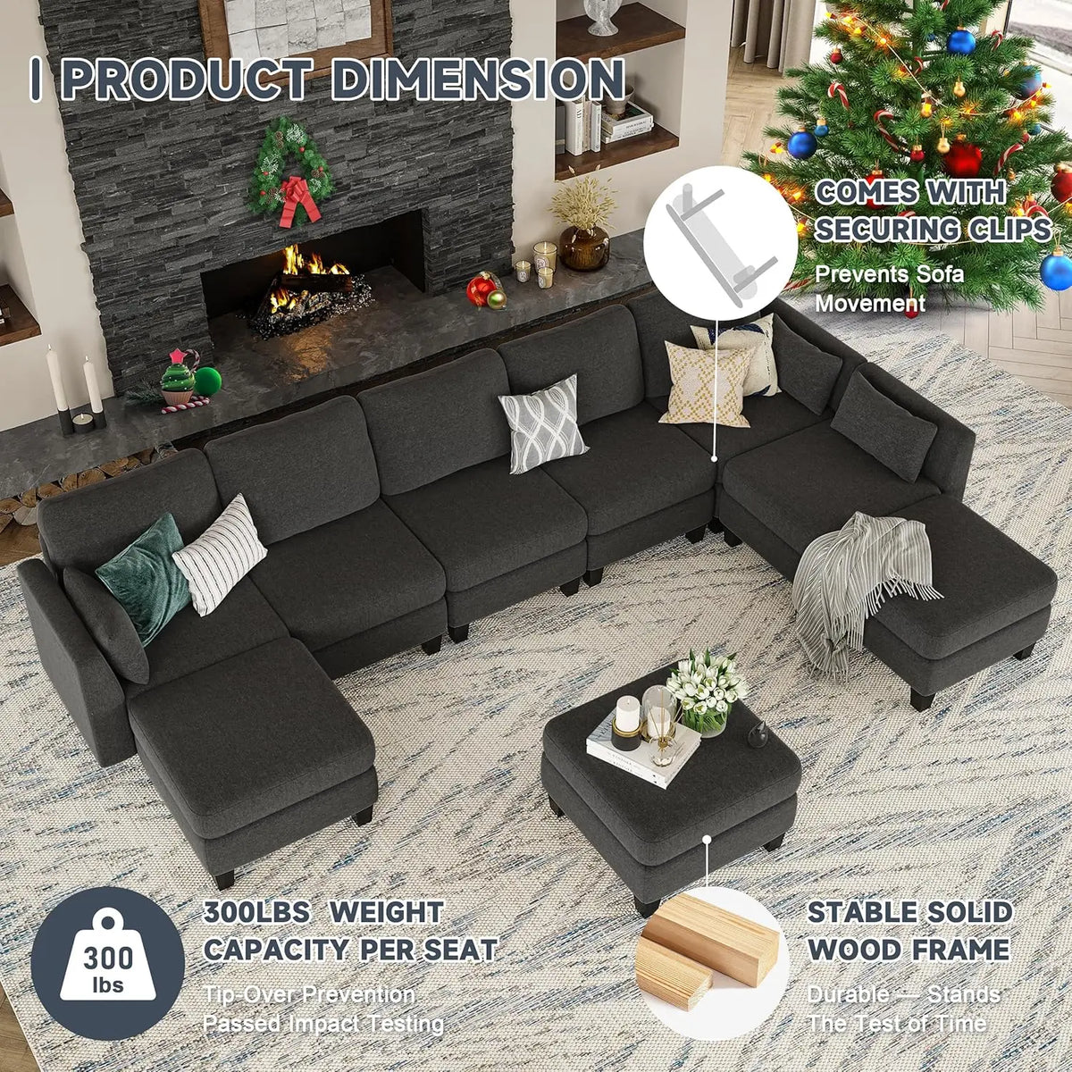 Convertible U Shaped Sofa Couch with High Density Memory Foam, 6 Seat Comfy Modular Sofa Couch for Living Room