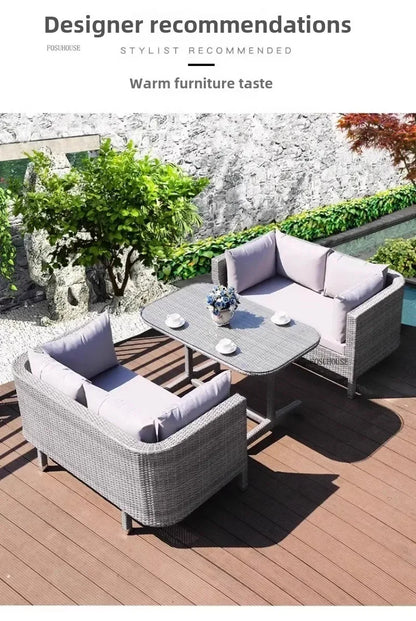 Nordic Outdoor Garden Sofas Leisure PE Rattan Garden Terrace Sofa Chair Set Courtyard Balcony Double Sofa Outdoor Furniture GG A