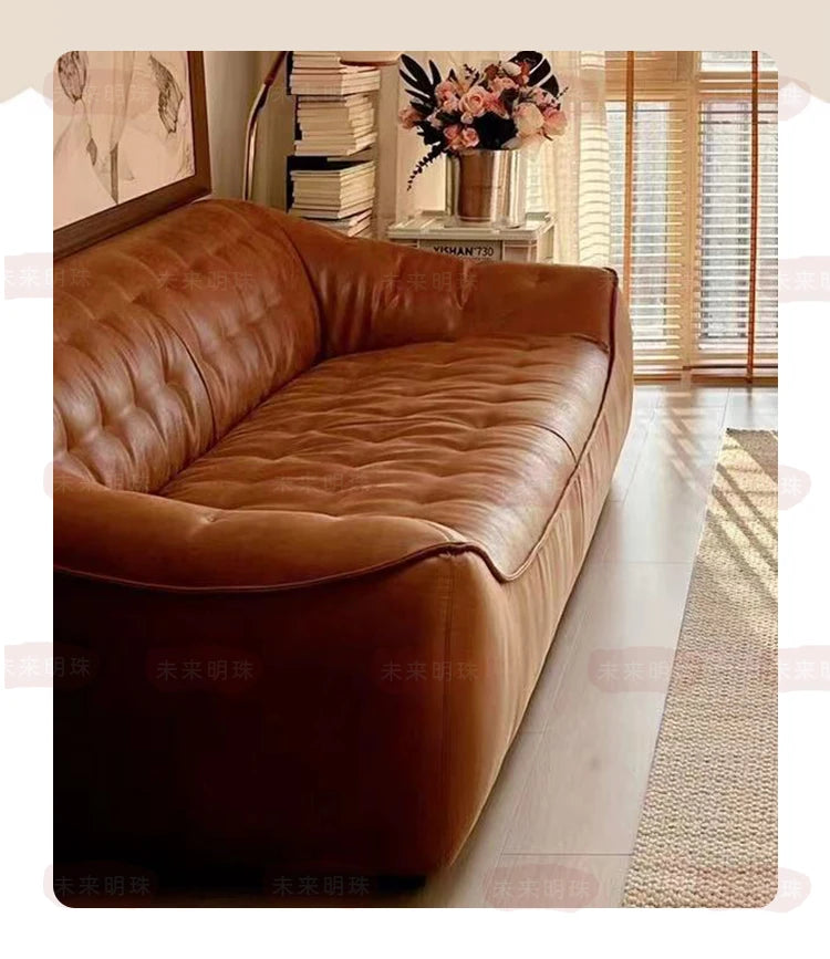 Oil Wax Leather French Retro Small Apartment Straight Row Leather Sofa Living Room Sofa