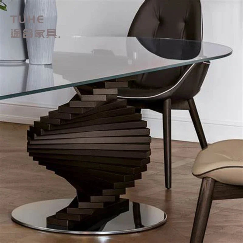 Italian Style Solid Wood Dining Table Light Luxury Curved Round Table Tempered Glass Living Room Hotel Personalized Dining Table