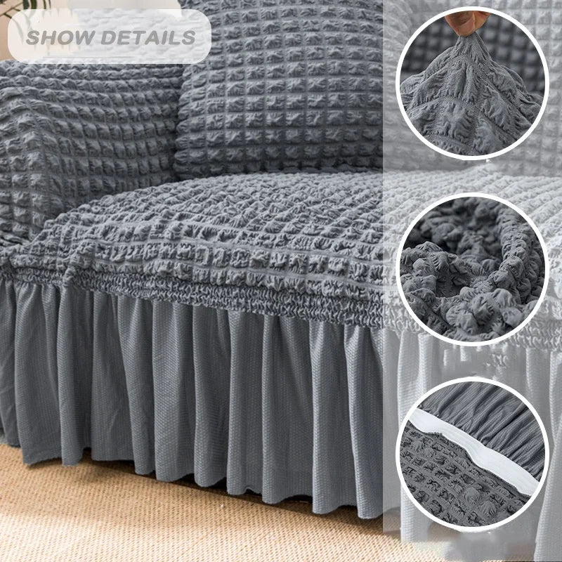 1 Seater Seersucker Sofa Cover with Elastic Skirt Stretch Sofa Protector Removable Slipcover Armchair Cover Elastic Couch Cover