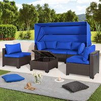 Y 6 Pieces Patio Daybed with Retractable Canopy, Patio Furniture Sets Outdoor Wicker Sectional Sofa Set Seating Chairs