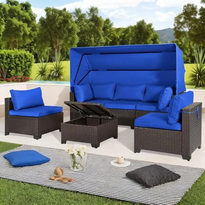 Y 6 Pieces Patio Daybed with Retractable Canopy, Patio Furniture Sets Outdoor Wicker Sectional Sofa Set Seating Chairs