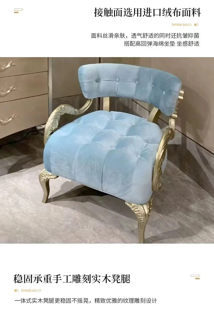 WWAmerican Light Luxury Wood Carved Couch Living Room Balcony Bedroom Fabric Craft Single Sofa Leisure