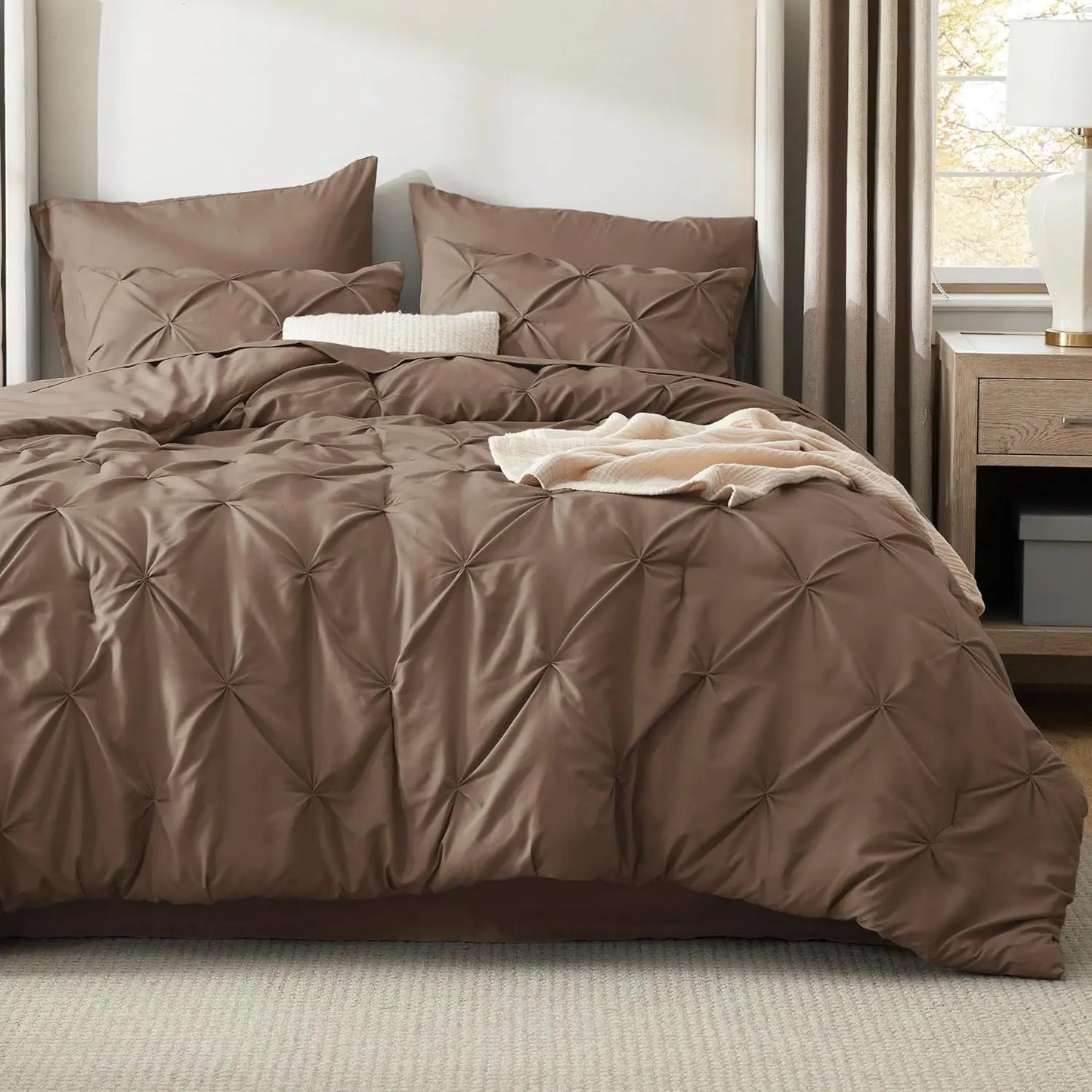 Queen Comforter Set Brown Bed in a Bag Queen Size 7 Pieces GentleSoft™ Pintuck Bed Set Gift for Family Pinch Pleat Brown Comfort