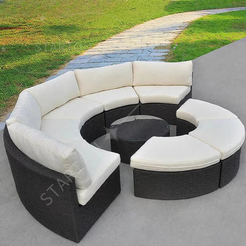 Outdoor Round Rattan Sofa Set Stay Garden Courtyard Curved Rattan Sofa Sectional for Home Outdoor Furniture Modern Patio Set
