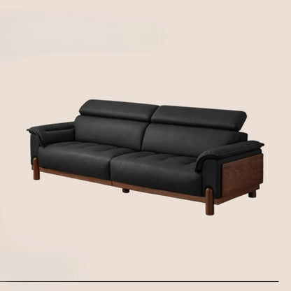 Furniture: leather sofa, living room, first layer yellow cowhide, vintage sofa, minimalist and light luxury, black walnut sofa