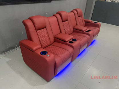 Linlamlim Luxury 3-Seat Recliner Sofa with Cup Holders, Leather Home Theater Seating, Cinema Recliner Couch with Center Console