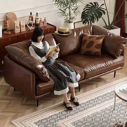 Retro oil wax leather sofa down large living room Nordic simple medium and ancient style straight row leather art sofa
