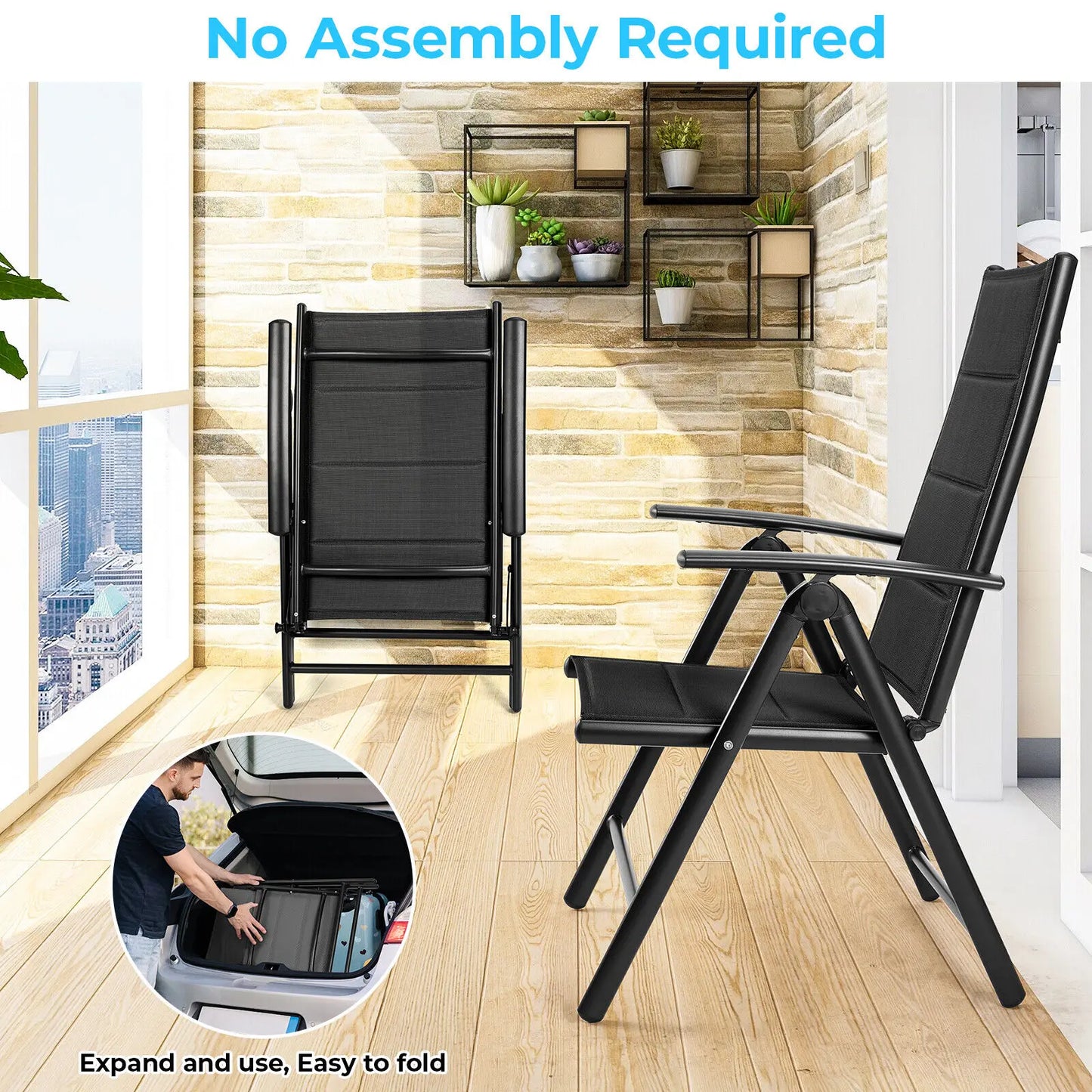 Aluminum Foldable Garden Chair, Lounge Backrest 7 Adjustable Settings, with Armrests, Weatherproof Outdoor Chairs Black,Gray
