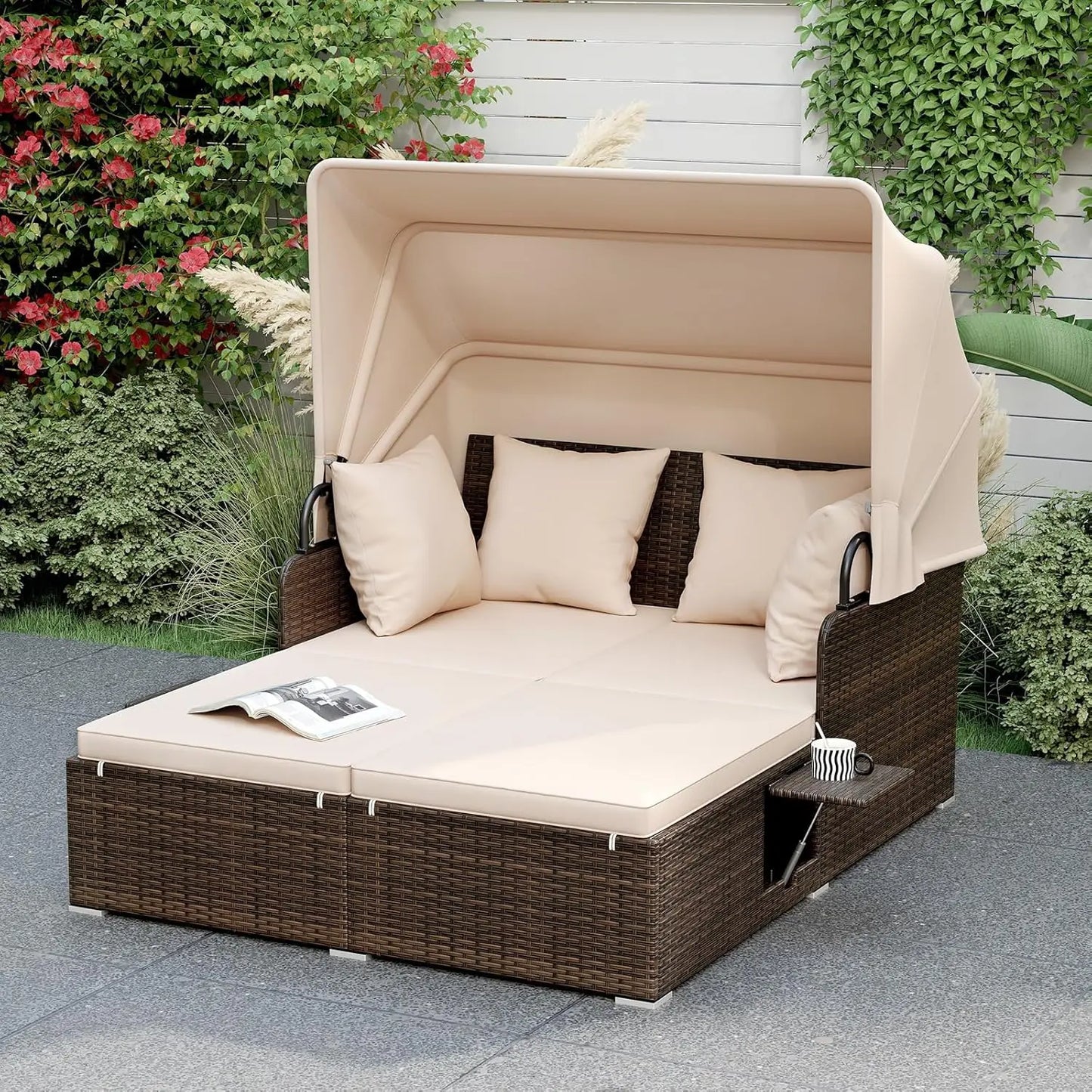 Outdoor Daybed, 2-Person Wicker Patio Sofa with Retractable Canopy, Cushions & Pillows, 2 Side Trays, PE Rattan Double, Custom
