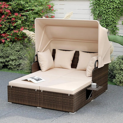 Outdoor Daybed, 2-Person Wicker Patio Sofa with Retractable Canopy, Cushions & Pillows, 2 Side Trays, PE Rattan Double, Custom