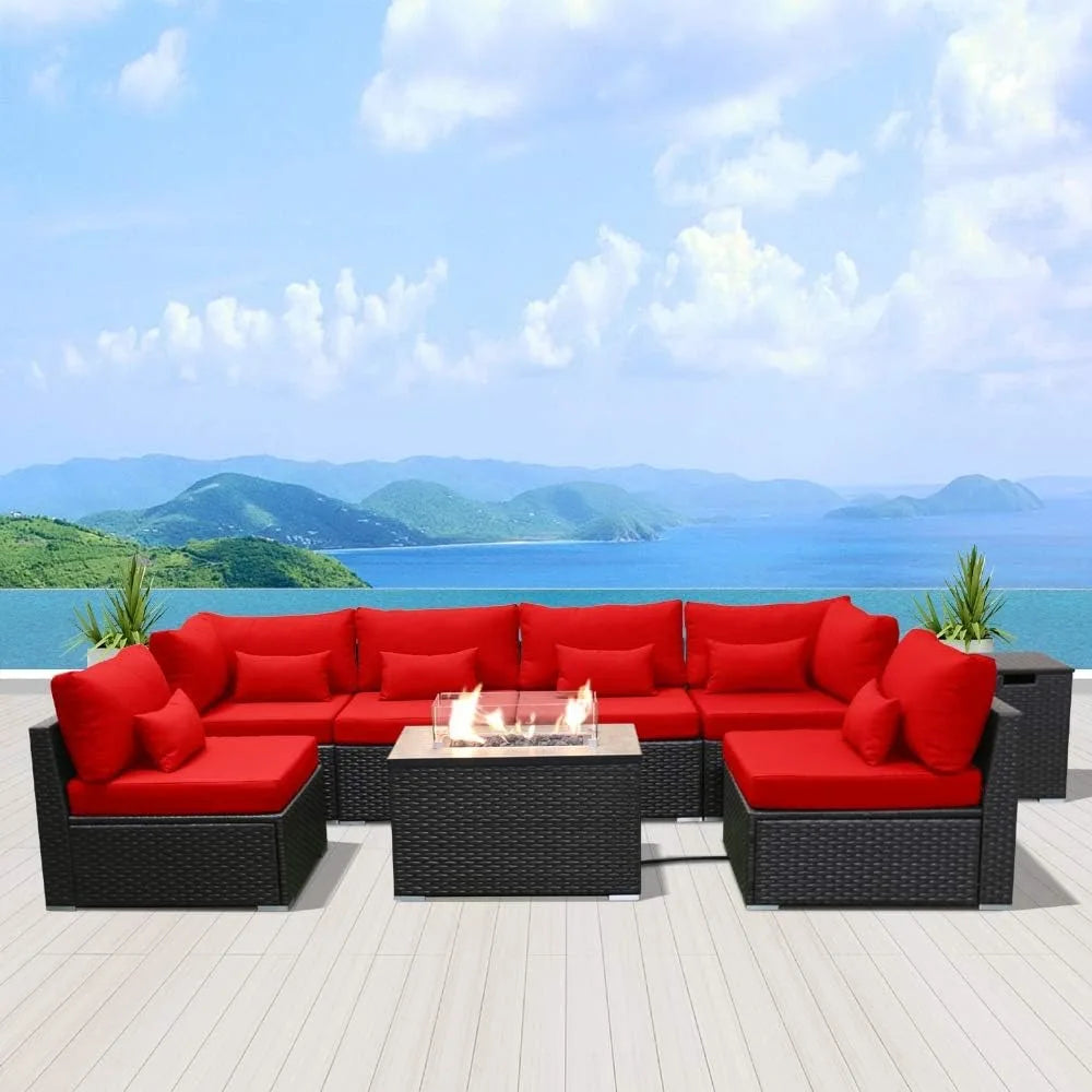 wicker rattan outdoor patio furniture with fire pit and sectional sofa seating