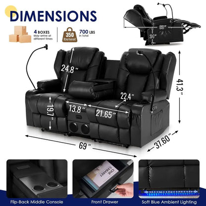 Power Loveseat Recliner Sofa with Console, PU Leather Dual Reclining Couch with Blue LED Lights, Bluetooth Speakers, USB Ports,