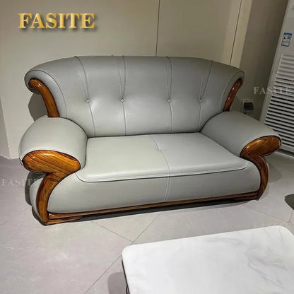 Ebony leather sofa modern light luxury high-end living room villa first layer cowhide solid wood new Chinese-style small