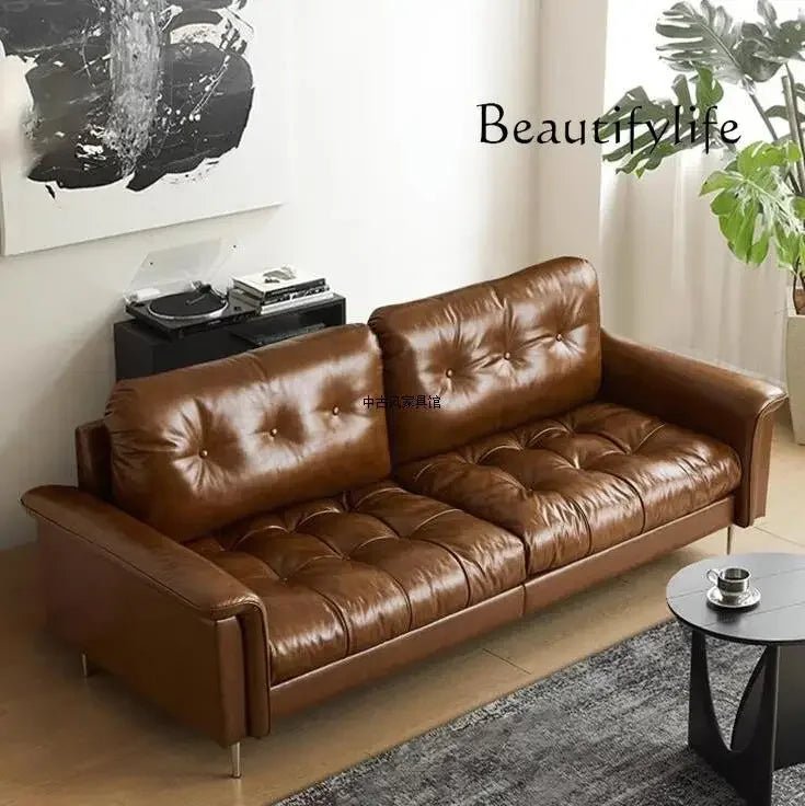 Medieval oil wax leather creative sofa living room retro old caramel color large straight row sofa