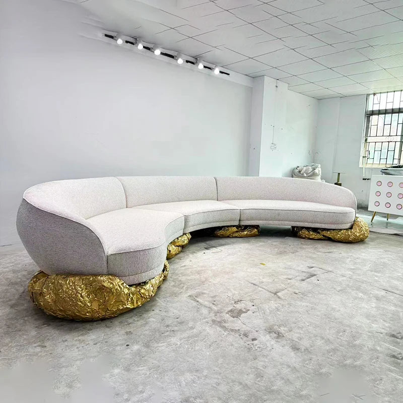 Manufacturer Villa Home Family Furniture Copper Base Nordic Curved Living Room Sofas 5-6 Seats White Fabric Modern Curved Sofa