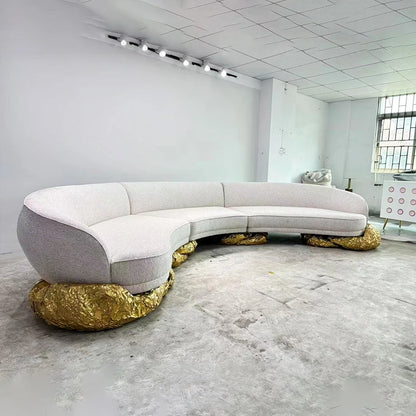 Manufacturer Villa Home Family Furniture Copper Base Nordic Curved Living Room Sofas 5-6 Seats White Fabric Modern Curved Sofa