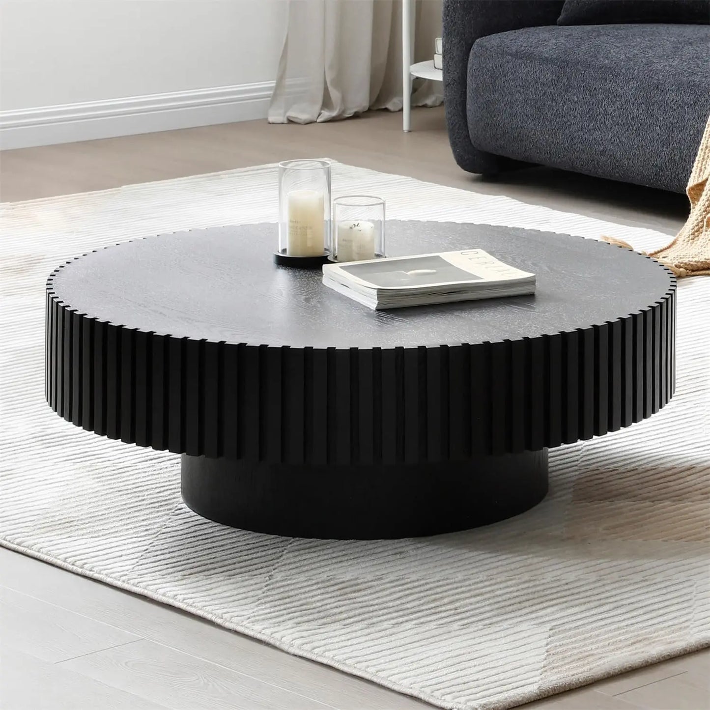 Round Coffee Table For Living Room, Accent Fluted Drum Coffee Table With Storage, Modern Solid Wood Circle Center Tea Table For