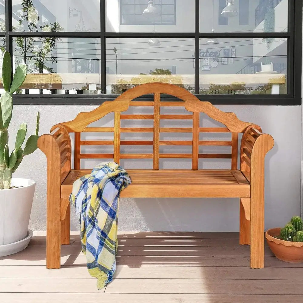 Giantex Outdoor Wood Bench, 4 Ft Foldable Eucalyptus Garden Bench, Two Person Loveseat Chair Solid with Curved Backrest and Armr