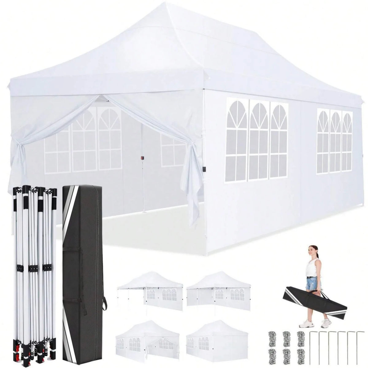 10x20 Pop up Canopy Heavy Duty Party Tent with 6 Removable Sidewalls, Waterproof Commercial Outdoor Gazebo for Wedding Events BBQ, Instant Sun Protection Shelter Multi-color Raised Roof Pavilion with 4 Sandbags Carrying Bag