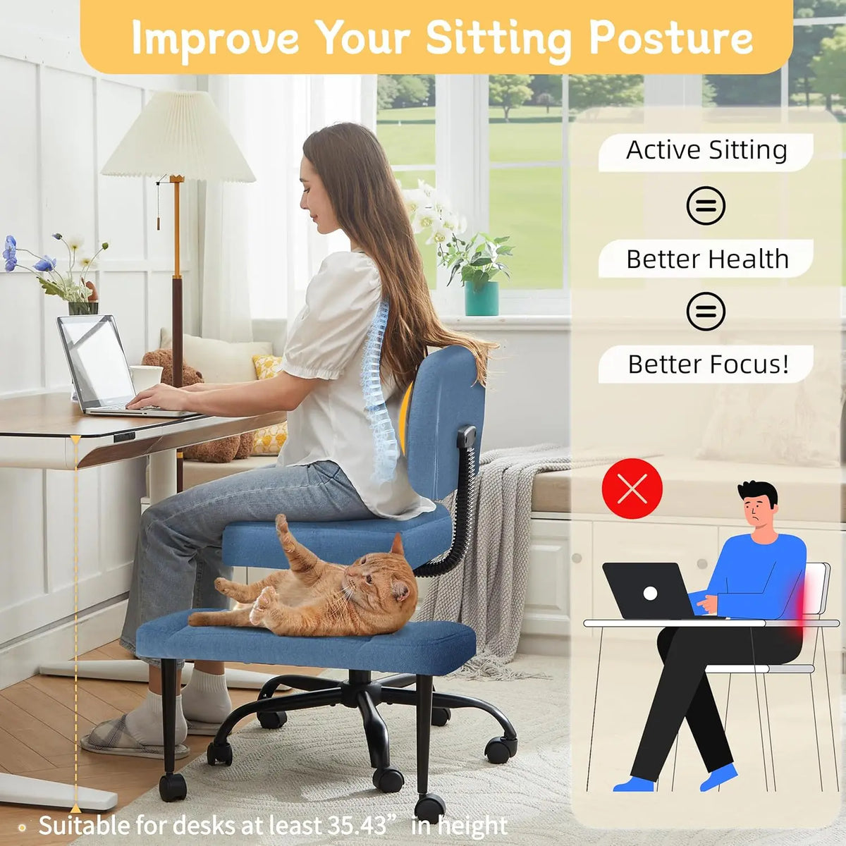 Cross Leg Chair - Meditation Chair with Wheels, ADHD Chair, Height Adjustable Seat, Adjustable Footstool