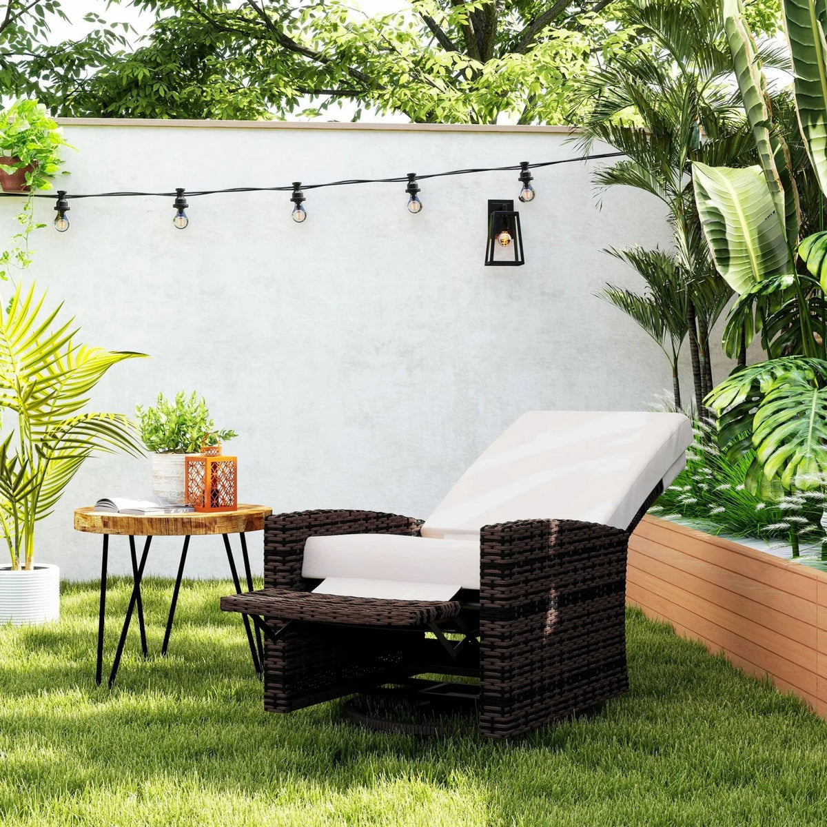 Outsunny Outdoor Wicker Swivel Recliner Chair, Lifting Footrest, ° Rotating , Water-resistant Cushions, Khaki