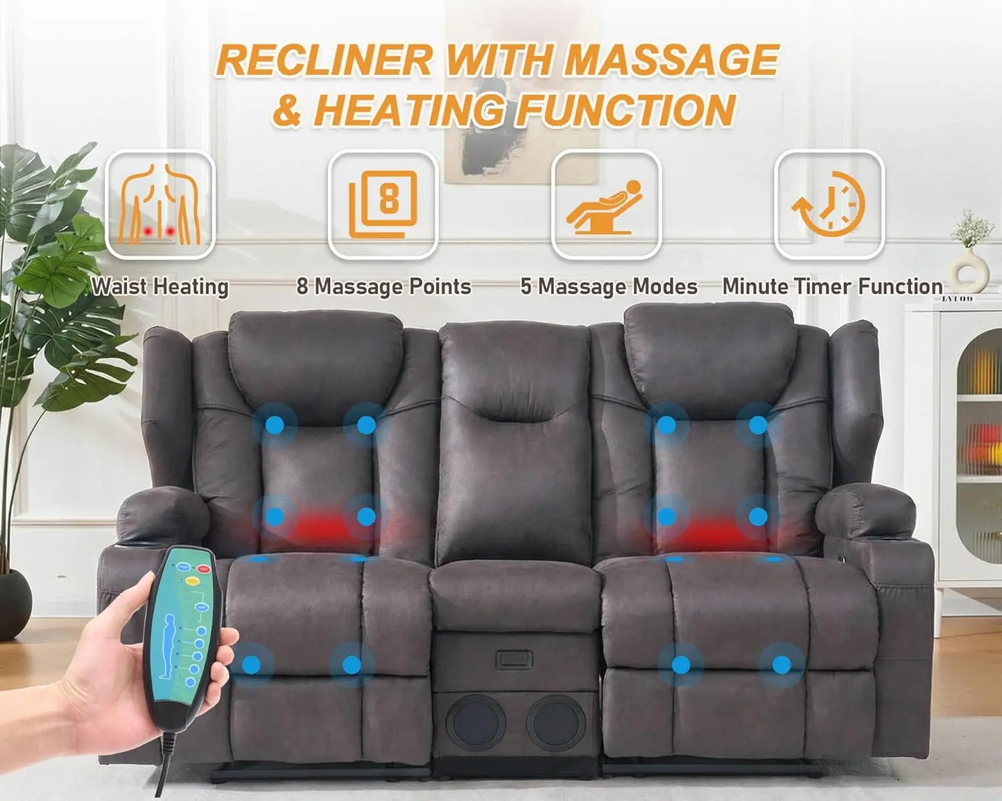 Massage Recliner Loveseat,Manual Oversize Reclining Lovesea Sofa with Cup Holders, USB Ports, Bluetooth Speaker and, Customized