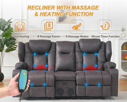 Massage Recliner Loveseat,Manual Oversize Reclining Lovesea Sofa with Cup Holders, USB Ports, Bluetooth Speaker and, Customized