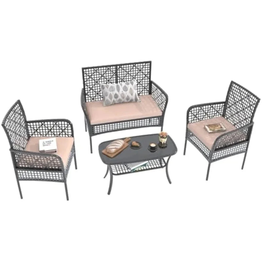 Outdoor 4 Pieces Furniture Set PE Wicker Chairs,Rattan Loveseat,Patio Conversation Sofa For Pool Yard,Garden Or Backyard