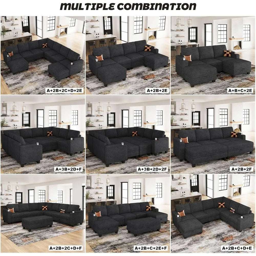 Sofa Convertible L Shaped Corner Couches for Living Room with Storage Armrest with Cup Holder Dark G