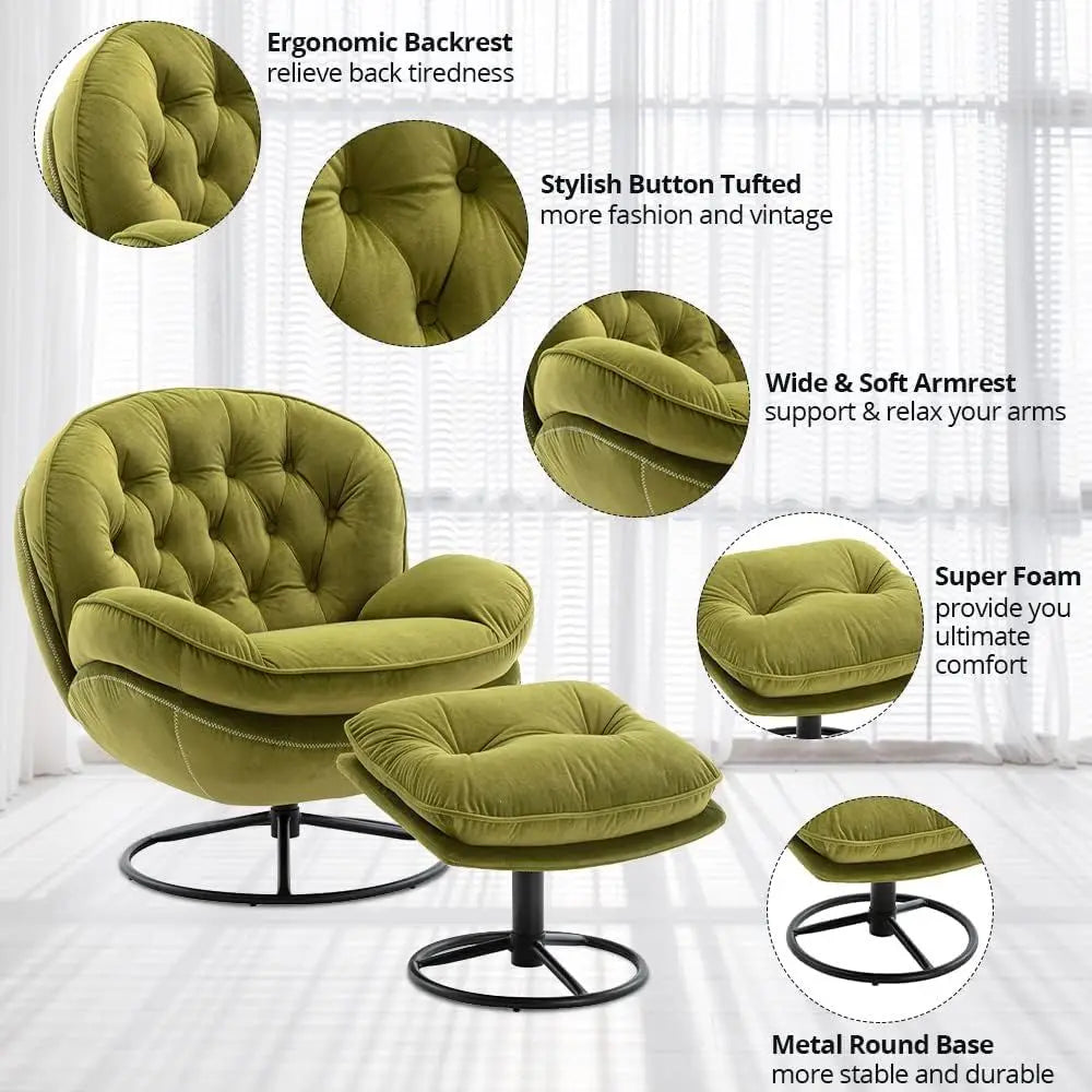 Velvet Swivel Accent Chair with Ottoman Set, Modern Lounge Chair with Metal Base Frame & Footrest, Comfy Single Leisure Sofa Cha